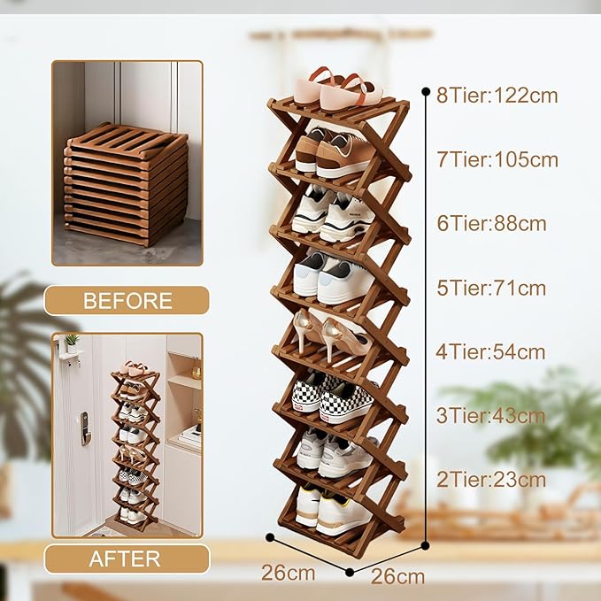 Comeon Bamboo Shoe Rack, Foldable Vertical Shoe Rack for Front Door Entrance Narrow Shoe Organizer Small Shoe Shelf for Entryway Shoe Storage Closet Multi-Tier (Brown Colors,6 Layers)