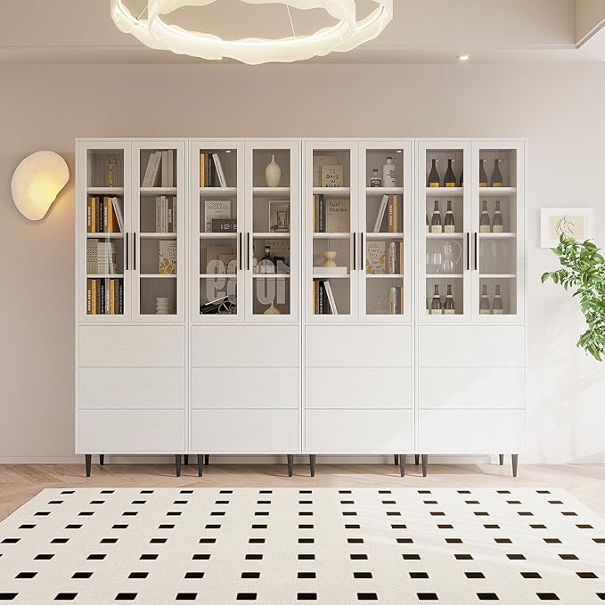 TUSY 70.9“ H Book Shelf with Drawers, 7-Tier Bookcase with Glass Doors, Display Curio Cabinet, Office Storage Cabinet, Narrow Display Bookcase for Home, Office, Clinic, Pantry (White)