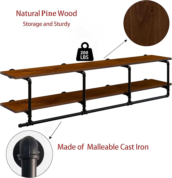 Wall Mounted Clothes Rack 12 Inch Deep, 72 Inch Heavy Duty Garment Rack with Real Walnut Wood Shelf, Multi-Purpose Hanging Rod & Space-Saving Closet Storage Organizer