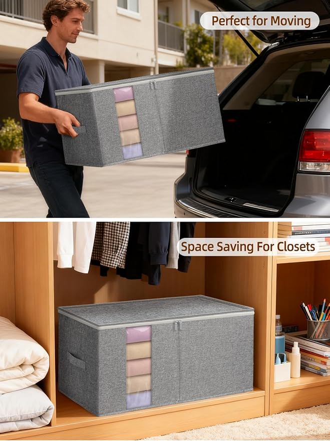 90L King Size Comforter Storage Bags with Rigid Panel,Large Blanket Storage Organizer for Closet,Bedding Sets Stackable Container with Clear Window & Smooth Zippers,Foldable Clothing Storage Bin,2Pack