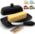 Zulay Kitchen Butter Dish With Lid For Countertop - Porcelain White, Ceramic Butter Dish with Knob Handle Great for Cooking - Elegant Design Butter Holder - Durable & Sturdy Butter Keeper - Black