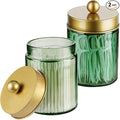 Amolliar Sage Green Qtip Holder, Glass Apothecary Jar Metal Lid & Stickers, Bathroom Qtip Holder Storage Canister, Farmhouse Decor for Cotton Balls, Swabs, Round Pads, Bath Salt, Floss, Gold 2 Pack