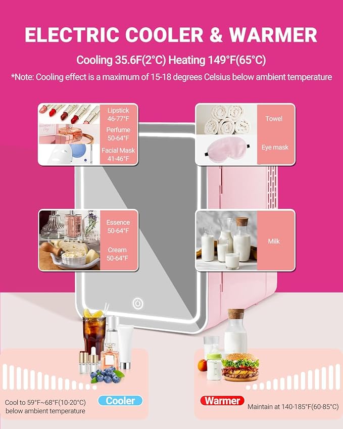 4-Liter Pink Portable Mini Fridge for Skincare Beauty Cosmetic Makeup With Mirrored Door and Dimmable LED Light
