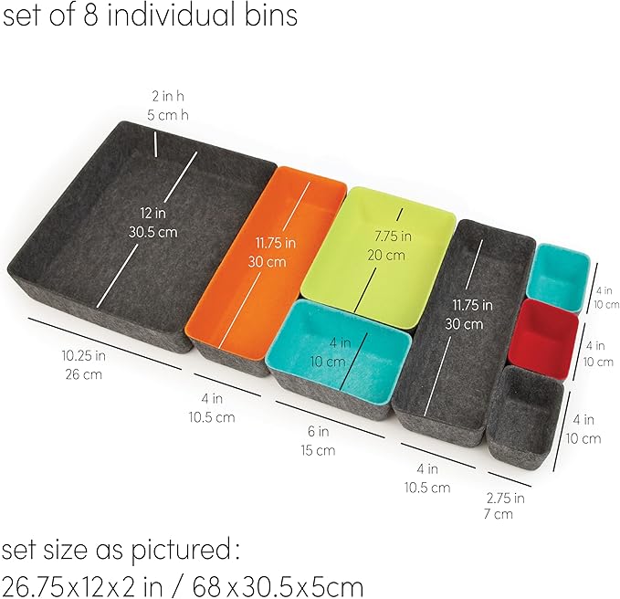 Three by Three Seattle Felt·Like·It! Felt Bins for Office, Crafts, Classroom, Living Room, Bedroom: Multicolor, Set of 8