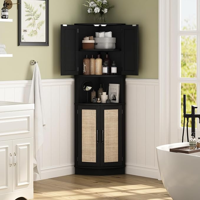 Tall Corner Cabinet, 64.7" Rattan Corner Storage Cabinet with 4 Doors and 5 Storage Shelves, Farmhouse Space Saver, Boho Shelf for Living Room, Kitchen, Bathroom, Office, Rustic Black