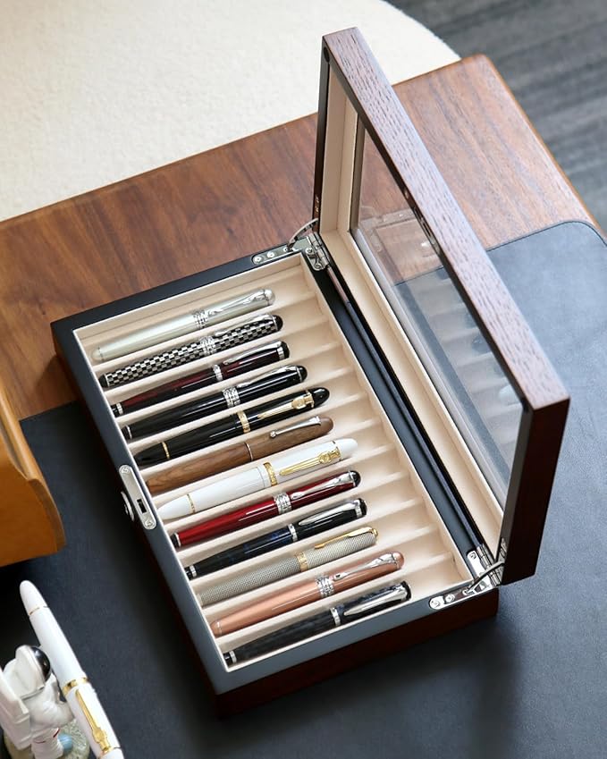 Wooden Pen Display Case – 12 Slot Lockable Fountain Pen Storage Box, Brown Collectors Display with Glass Top, Gift for Men