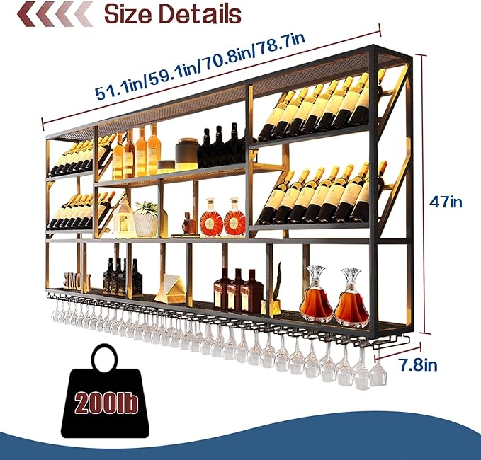 3 Tier Large Wine Rack Wall Mounted with Glass Holder, Black Modern Iron Liquor Shelf, 70.8 Inch Large Wine Bottle Display Shelf, for Kitchen Dining, Home Bar, Cellar (70.8" W)