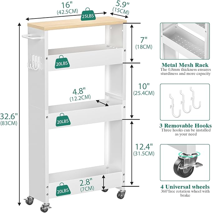 Slim Storage Cart, 4-Tier Kitchen Rolling Cart Narrow Storage Cabinet with Handle & Wheels, Metal Rolling Shelf Unit for Kitchen Bathroom Laundry Small Places (5.9IN White/Natural)