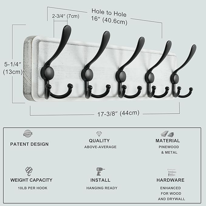 Dseap Coat Rack Wall Mounted - 5 Tri Hooks, Heavy Duty, Wooden Wall Coat Hanger Coat Hook for Clothes Hat Jacket Clothing, White & Black, Pack of 2