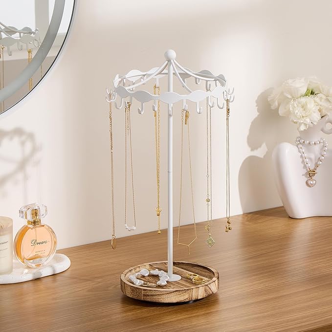 Lolalet Rotating Necklace Holder Stand with Metal Hooks, Spinning Display Carousels, Freestanding Organizer Hanger, for Long Necklaces Chains -White