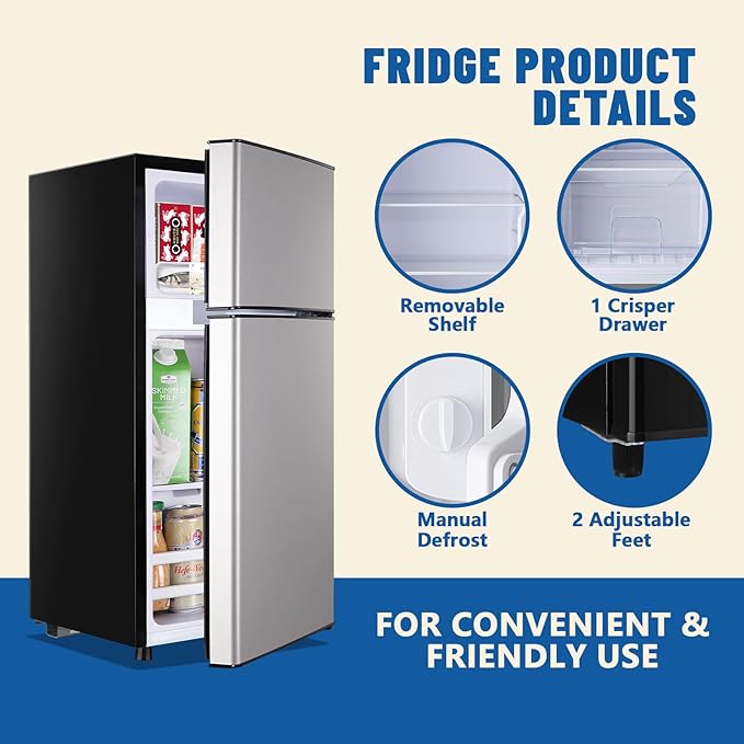 Tiny Personal Capacity Silver Refrigerator with Freezer Double Door Mini Fridge Small Apartment Refrigerator with 7 Adjustable Temp Control