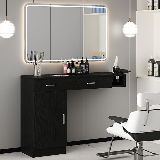 4ever2buy Salon Stations for Hair Stylist, Wall Mount Barber Station with Barber Cabinet, Hair Station Equipment Hair Dryer Holder, Drawers, Mirror not Included, Black