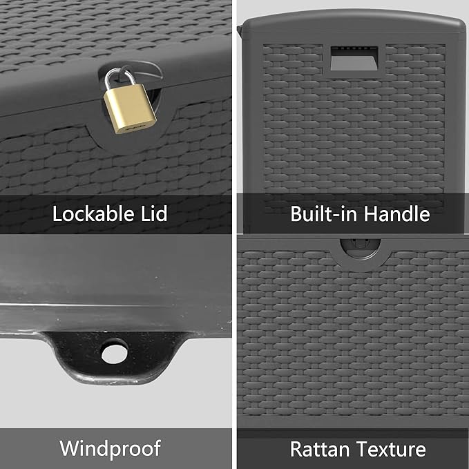 80 Plus Gallon Resin Deck Box, Waterproof Outdoor Storage Box for Patio, Poolside, and Garden, Lockable UV-Resistant Storage Bin Bench Cabinet for Small Spaces, Black