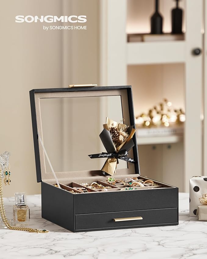 SONGMICS Jewelry Box Organizer with Glass Lid, 2-Layer Jewelry Storage, with 1 Drawer, Modern Style,Christmas Gift, 8 x 9.1 x 4.1 Inches, Graphite Black and Gold Color UJBC174B01