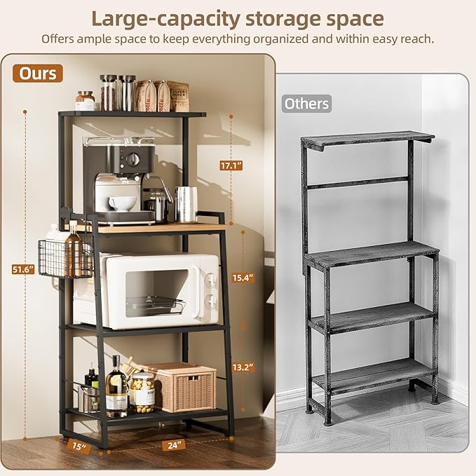 Bakers Rack with Foldable Basket, Large 4 Tiers Coffee Bar Station, Kitchen Microwave Stand with Storage, Metal Shelf Rack for Living Room, Office, Garage (Rustic Brown)