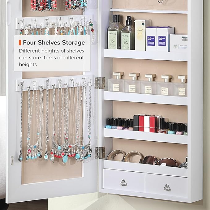 GISSAR Full Length Mirror Jewelry Cabinet, 6 LEDs Jewelry Armoire Wall Mounted Over The Door Hanging, Jewelry Organizer Storage with Lights Lockable, White Surface with Beige Lining, 14.6" x 47.2"
