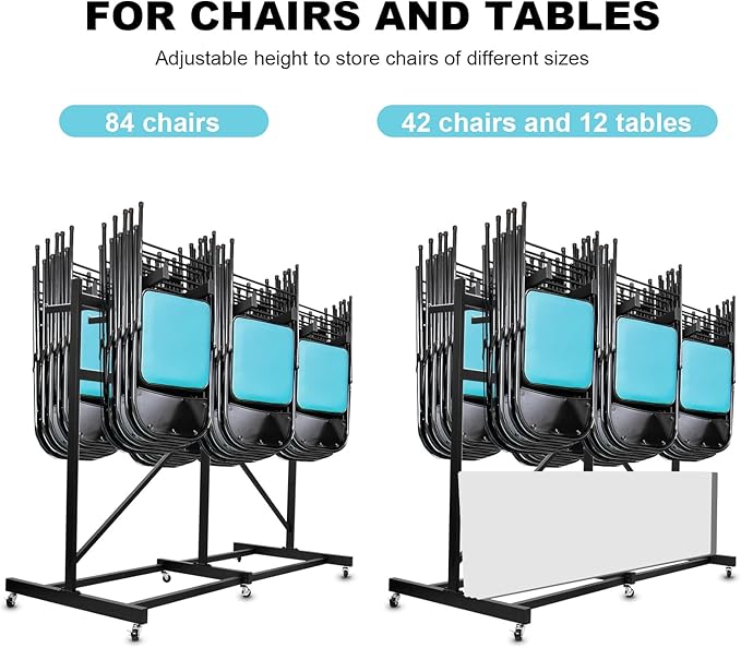Folding Chair Rack, Heavy Duty Folding Chair Storage Rack Cart, 42 Chairs and 12 Table, 440 Lbs Weight Capacity, Locking Rubber Wheels for Weddings, Parties & Events