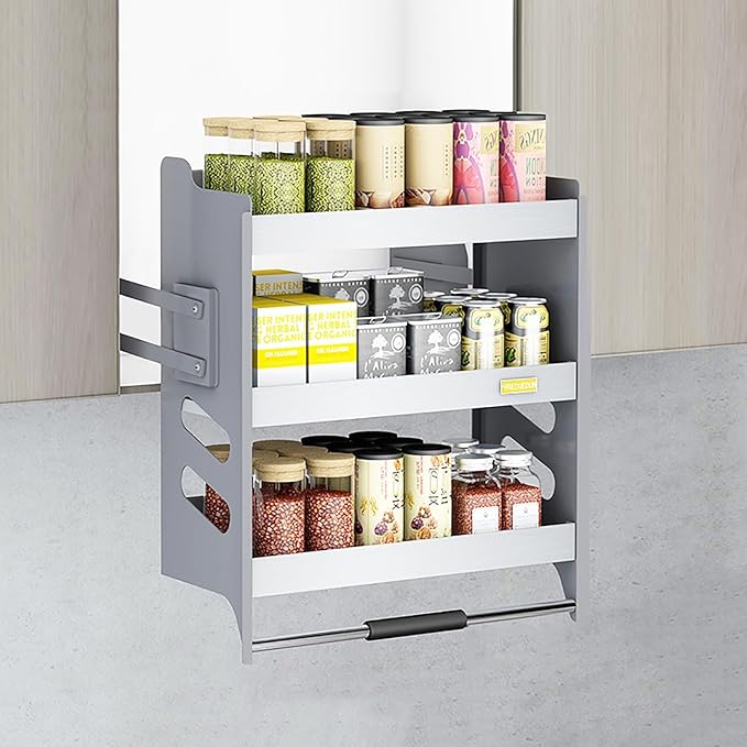 Heavy-Duty 3-Tier Pull Down Kitchen Shelf, Metal Dish & Spice Rack System for Upper Cabinets, Space-Saving Storage Solution, Easy Access Lifting Basket