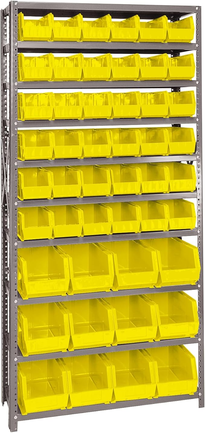 Quantum Storage Systems QSBU-230240YL Giant Open Hopper Steel Shelving System, 12" D x 36" W x 75" H, with 10 Shelves and 36 QUS230 and 12 QUS240 Bins, Yellow