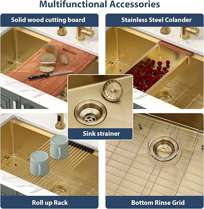 Lordear Gold Undermount Kitchen Sink 33" x 19" Stainless Steel Sinks 16 Gauge Single Bowl Ledge Workstation Handmade Under Counter Kitchen Sink Basin with Built-In Accessories