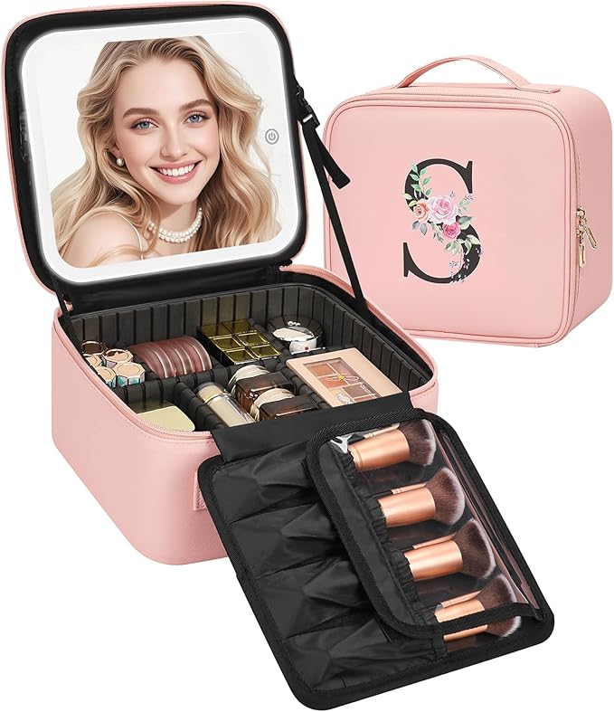 Relavel Initial Makeup Bag with LED Mirror for Women Girls, Personalized Travel Cosmetic Organizer Train Case, Birthday Gifts for Grandkids Bridesmaid Graduation Teacher Friends, Trendy Stuff, Pink S