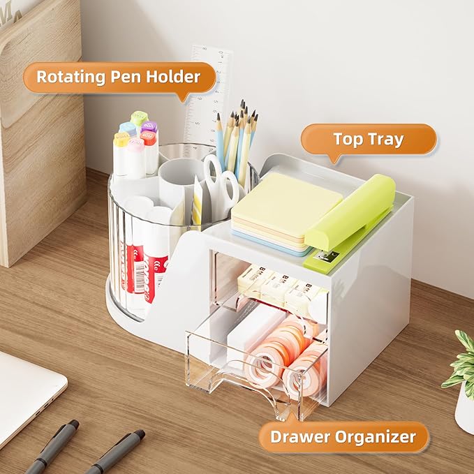 Marbrasse Desk Organizer with 2 Drawer, 360°Rotating Pen Holder, Desk Organizers and Accessories with 6 Slots Pencil Organizer + 2 Drawer, Art Supply Storage Box Caddy for Office (White)