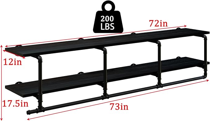 Wall Mounted Clothes Rack 12 Inch Deep, 72 Inch Heavy Duty Garment Rack with Real Black Wood Shelf, Multi-Purpose Hanging Rod & Space-Saving Closet Storage Organizer