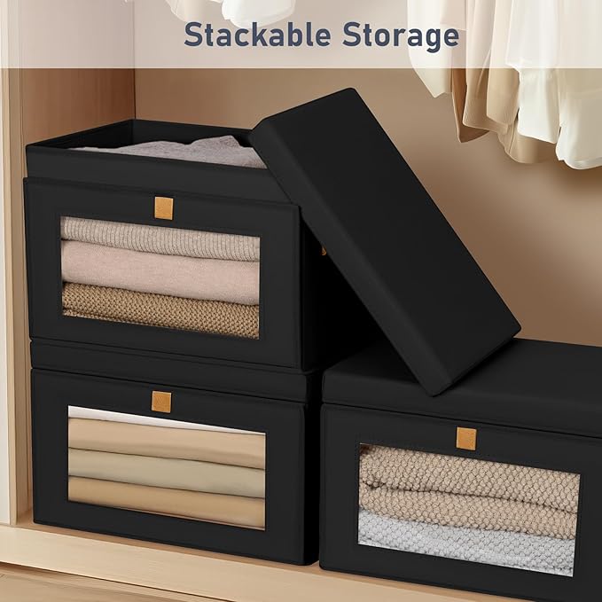 DIMJ Storage Bins with Lids - 6 Pack Large Fabric Closet Organizer with Window & Handles, Collapsible Decorative Storage Boxes for Shelves Under Bed, Books Clothes Blankets Sweaters Organization