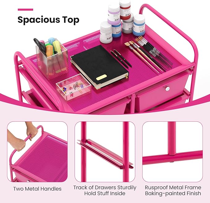 Giantex 10 Drawers Rolling Cart, Classroom Organizers, Storage Cart with Wheels, for Teacher Office Home School Supplies Tool Craft Art Paper, Hot Pink