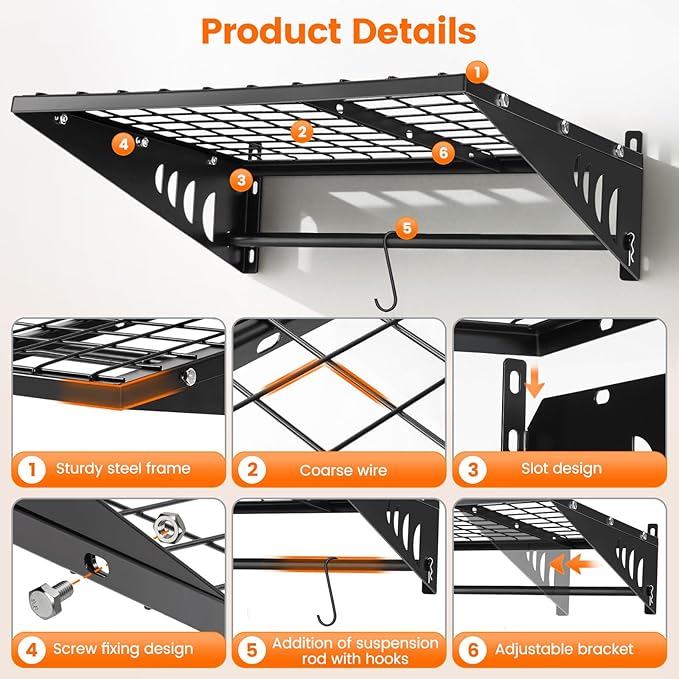 Garage Shelving 2x2ft 4-Pack, Garage Storage Rack 24"x24" Metal Shelves Black Wall Mounted with rods & 4 Hooks, Heavy Duty Wall Shelving Floating Shelves, 880lbs Total load Capacity