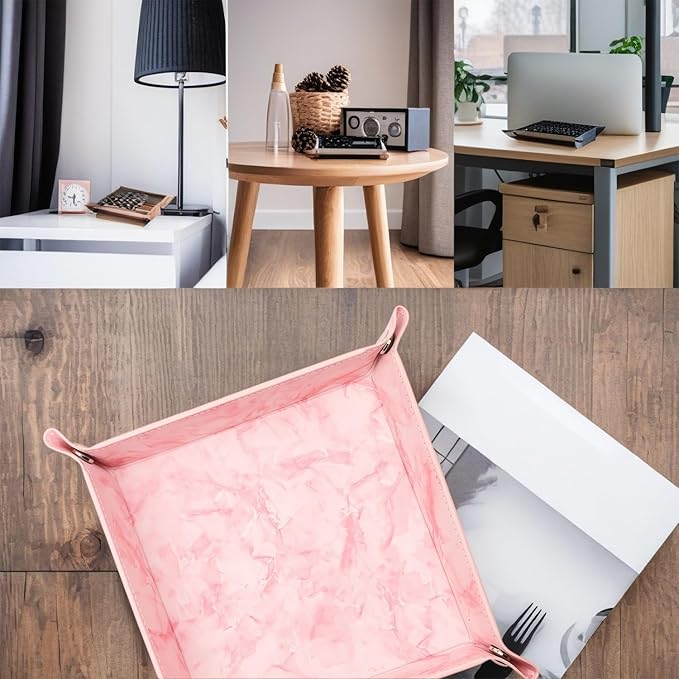 siduater Valet Tray Desktop Storage Organizer – Vegan Leather Catchall Bedside Vanity Tray Nightstand Caddy Holder for Remote Controller, Watch, Keys, Phone, Wallet, Coin, Jewelry, Marble Pink