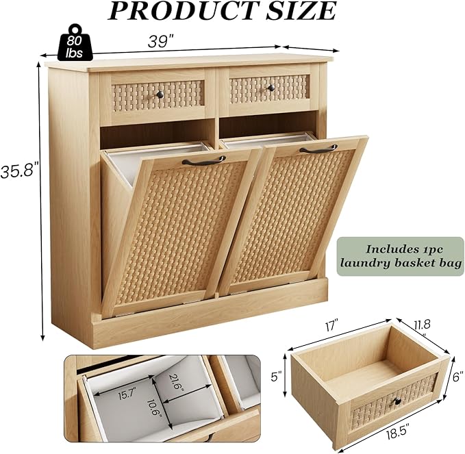 Double Tilt Out Laundry Hamper Cabinet,10 Gallon Laundry Cabinet with Drawers ＆ 2 Hidden Baskets, Farmhouse Storage Basket for Laundry Room, Bathroom, Kitchen, Wood