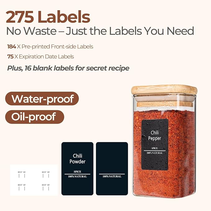 ComSaf 12Pcs Glass Spice Jars with Bamboo Lid, 10oz Airtight Square Containers with 275 Black Lables, Empty Seasoning Jars for Spice Salt Sugar