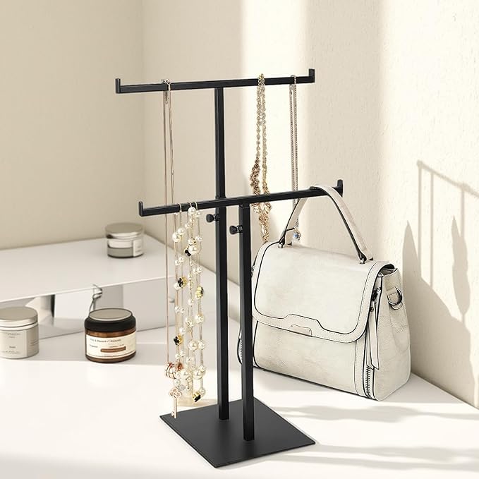 Purse Display Stand Jewelry Towers, Black Double T-Shaped Tabletop Stainless Steel Hook Hanging Adjustable Height Handbag Holder for Organizer Luxury Bags Necklaces Home Store Boutique Retail Closet
