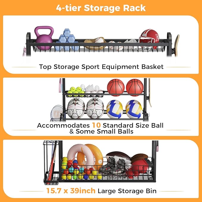 VOPEAK Oversized Sports Equipment Organizer, 4 Layers Rolling Ball Storage Rack for Garage Storage with Wheels Removable Hooks and Baskets Large Capacity Black Ball Holder for Toy Sports Gear Storage