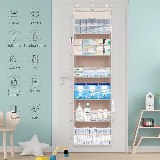 Over Door Organizer with 6 Extra Large Pockets 12 Side Pockets, 2-Pack Sturdy Closet Rack, Hanging Storage Organizer with Clear Window for Shoes, Diapers, Toys, Bedroom, Bathroom, Beige