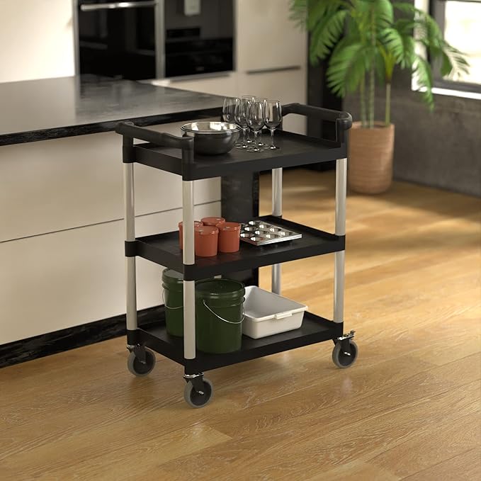 Black Utility/Bussing Cart with Three Shelves - 32" x 16"
