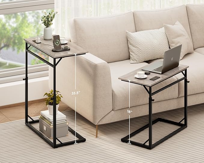 Vagusicc C Shaped End Table with Charging Station, C-Table End Table Adjustable Height Side Table for Couch, Large Couch Table, Slide Under Couch Table TV Tray Table for Sofa,Living Room,Bedroom, Grey
