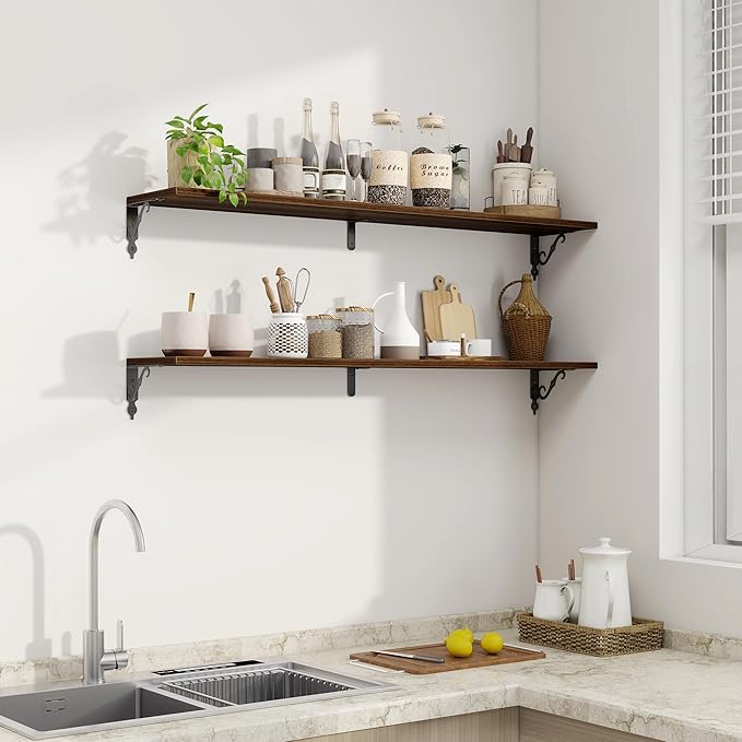 Fun Memories Large Floating Shelves for Wall 48 Inches Long, 8 Inch Deep Shelves with Metal Bracket, 48 Inch Floating Shelves Wall-Mounted, Wide Display & Storage Bookshelves, Walnut, Set of 2