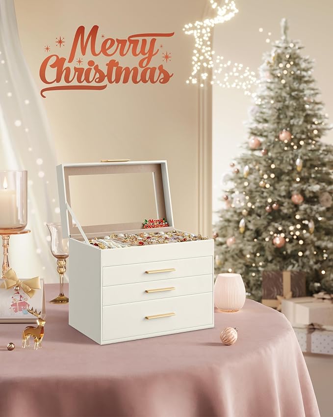 SONGMICS Jewelry Box Organizer with Glass Lid, 4-Layer Jewelry Storage, with 3 Drawers, Modern Style, Christmas Gift, 6 x 9.9 x 8.5 Inches, Cloud White and Gold Color UJBC161W01