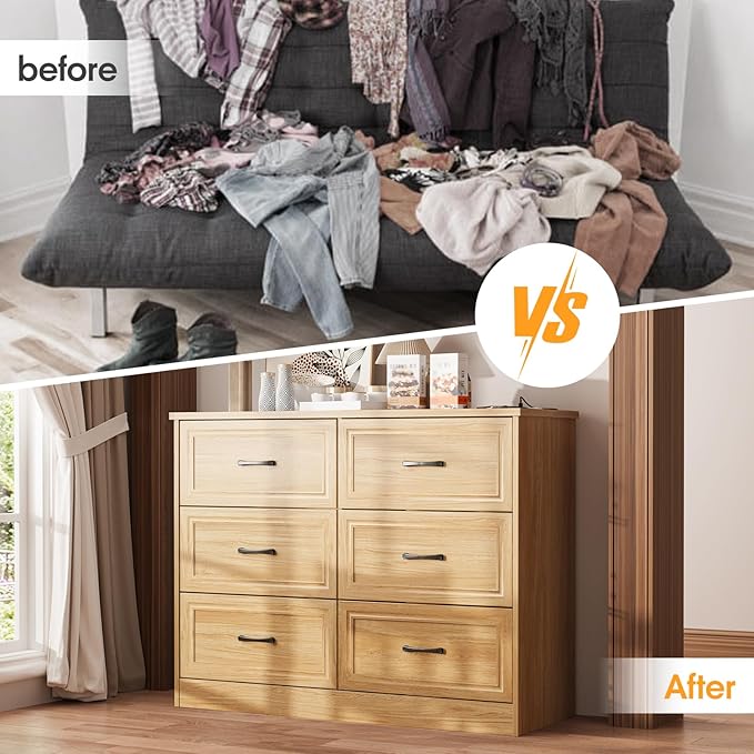 Fameill Dresser for Bedroom, 6 Drawer Wide Dresser Organizer with Charging Station for Hallway with Metal Handles, Oak