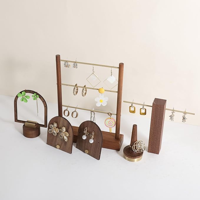 GemeShou Walnut earrings display stand for selling, wooden jewelry earring organizer shelf, wood earring storage organizer rack for boutique store【Earring shelf-Medium】