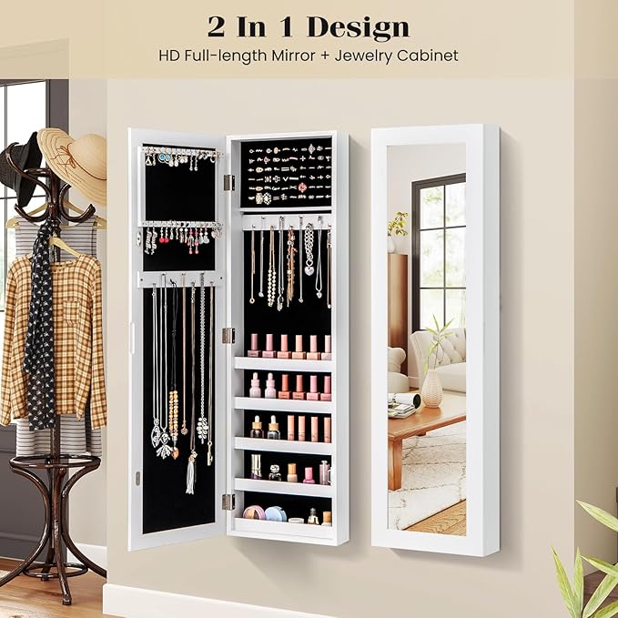 Giantex Wall or Door Mounted Jewelry Cabinet with Full Length Mirror, Over The Door Jewelry Armoire Organizer, Hanging Storage Cabinet with Necklace Hooks, Earring Slots, Ring Slots & Shelves (White)