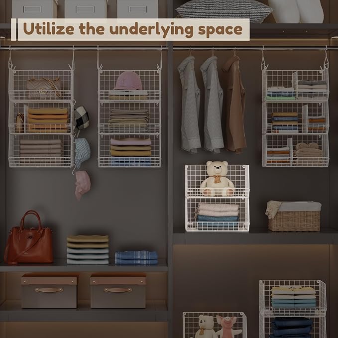 4 Tier Extra Large Hanging Closet Organizer,Closet Organizer Hanging with 5 S Hooks 4 Dividers,Clothes Organizer Clothing Sweaters Clutches Handbags Hats Accessories-White