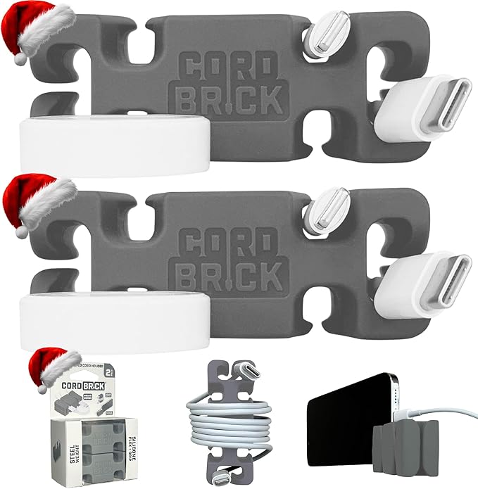 CordBrick Stocking Stuffers for Adults Cord Management Weighted Cord Holder Cable Wrap Phone Stand - Multiuse Gadget Organizer for Nightstand, Desk. Gift for Men, Durable Silicone. 2pk Gray