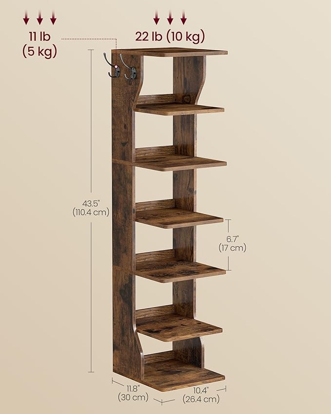 VASAGLE 7-Tier Vertical Shoe Rack, Narrow Shoe Storage Organizer with Hooks, Slim Corner Tower Shelf, Space-Saving for Entryway and Bedroom, Rustic Brown ULBS200KD01
