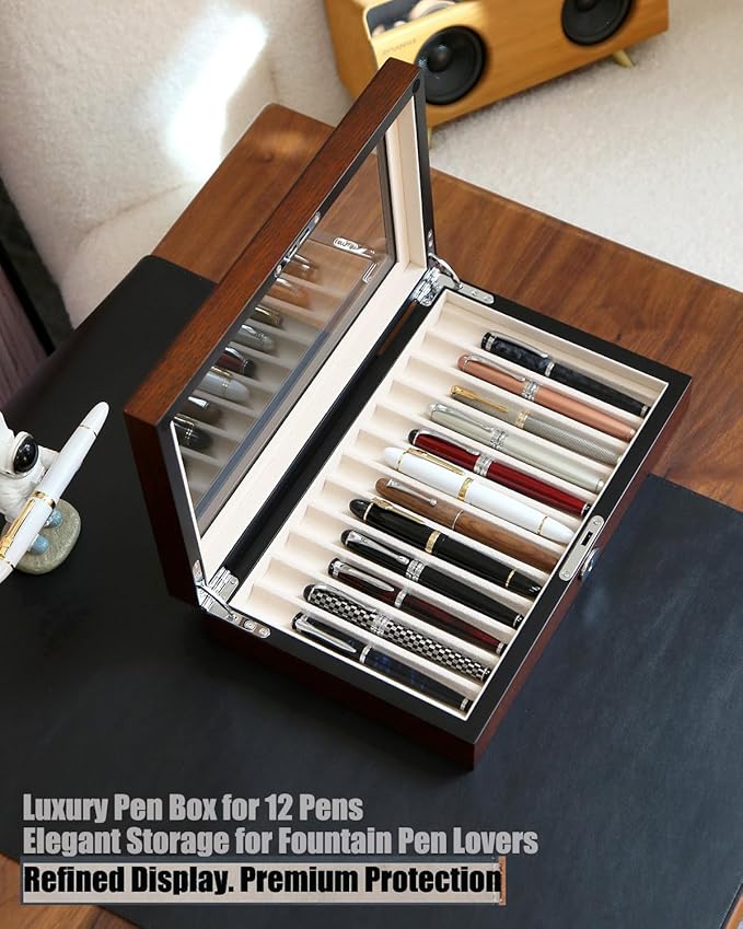 Wooden Pen Display Case – 12 Slot Lockable Fountain Pen Storage Box, Brown Collectors Display with Glass Top, Gift for Men