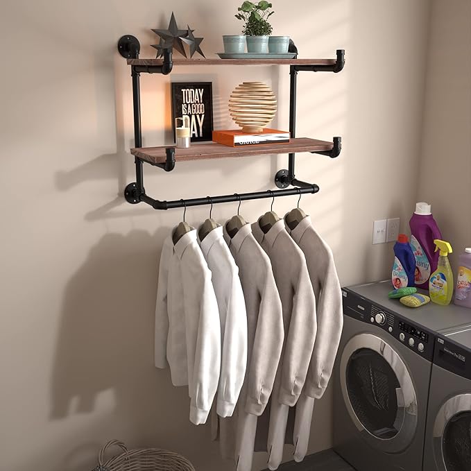 30in Industrial Pipe Clothing Rack,2-Tier Wall Mounted Clothes Rack, Pipe Clothing Rack with Shelf, Wall Hangers for Clothes, for Bedroom, Laundry, Living Room, Retail Store