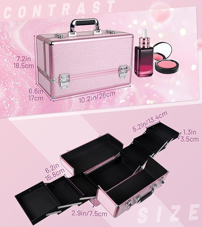 Large Makeup Train Case Cosmetic Organizer Case Makeup Box Portable Make Up Artist Travel Case with 6 Trays Dividers Lockable Hard Train Case Nail Tech Supply Storage - Crystal Pink