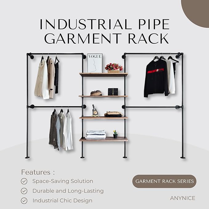 Industrial Pipe Clothing Rack, Wall Mounted Garment Hanging Rack with Shelves, 14.6x122.8x82.7 Inches, Model Y05